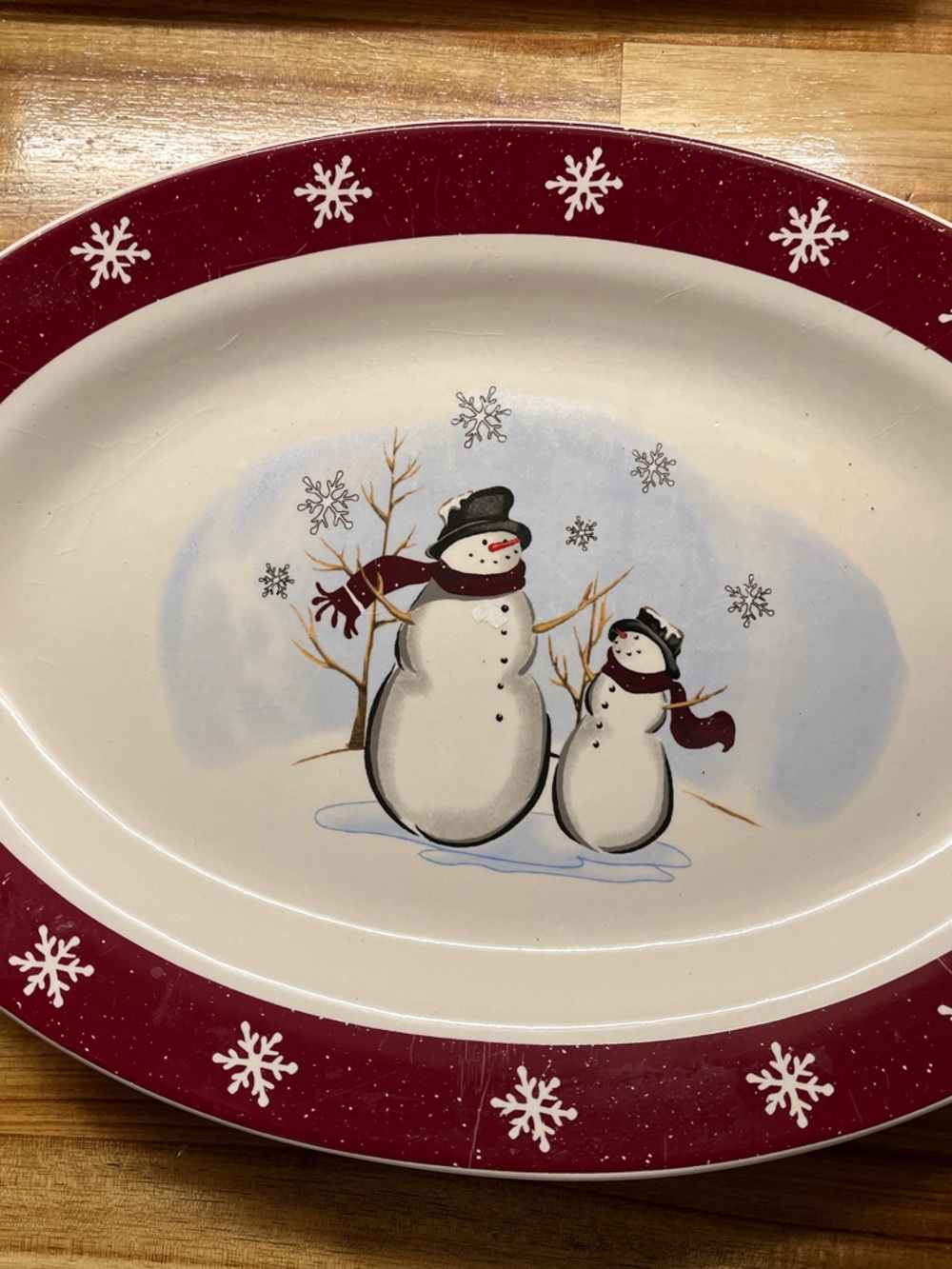 Festive Snowman Oval Serving Platter - Red